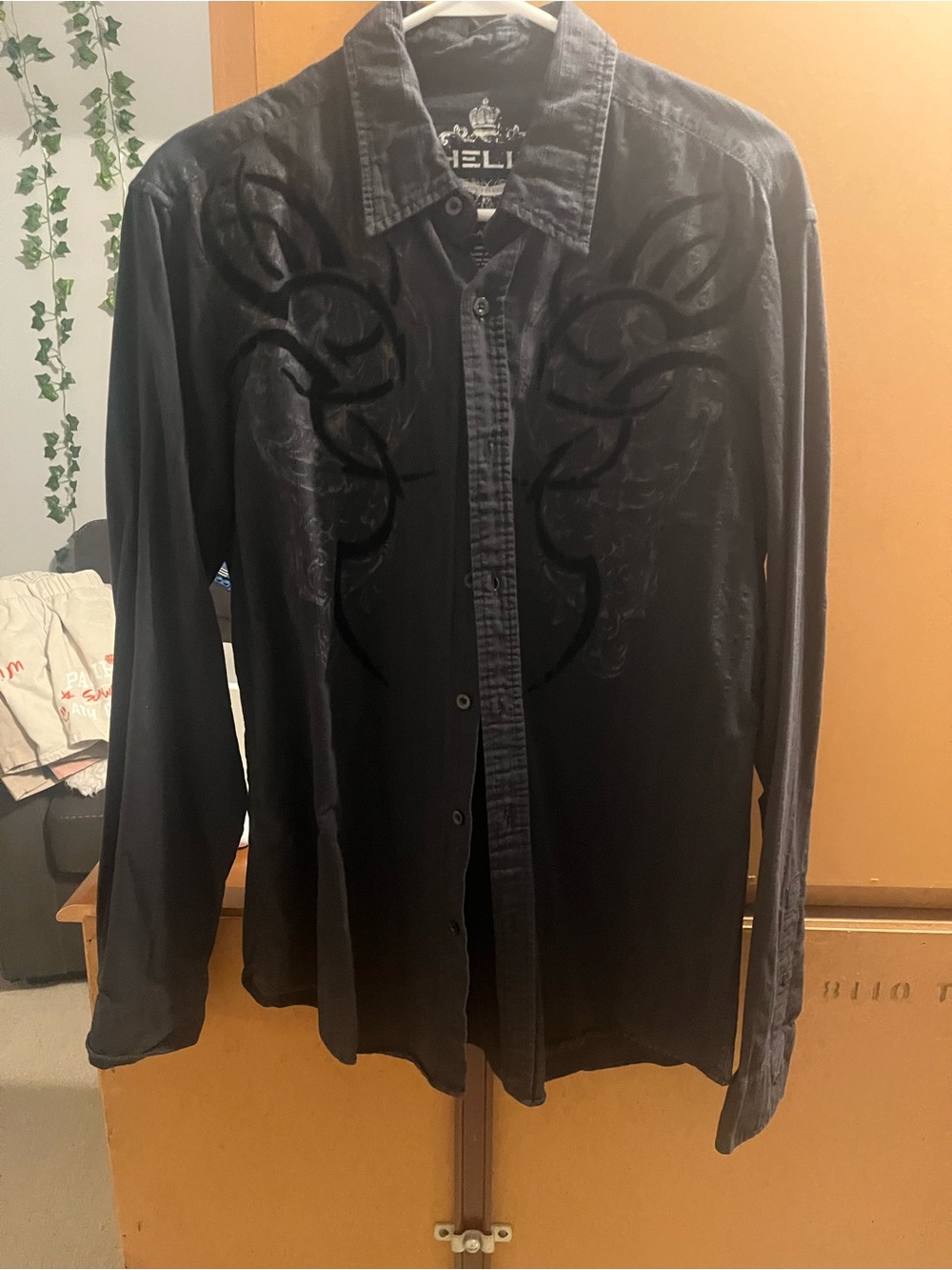 Helix Black Long-Sleeve Button-Up Shirt with Tribal Chest Design